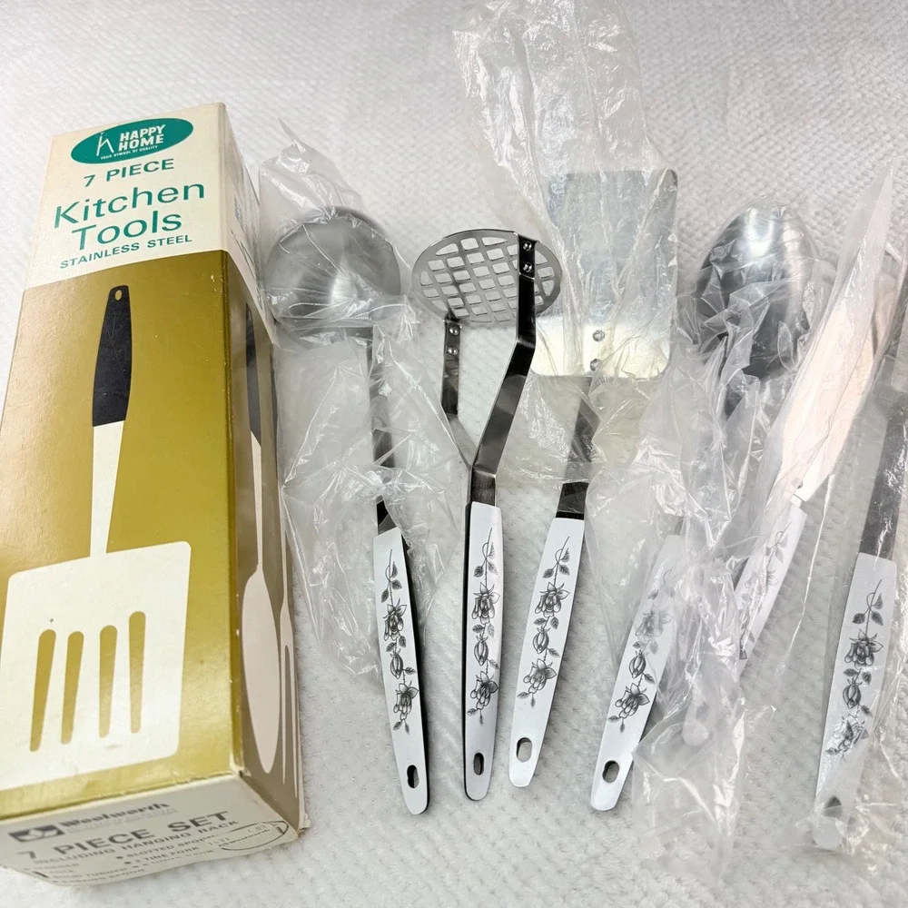 Vintage Happy Home 6 Piece MCM Tool Set Stainless Steel Floral Rose Pattern